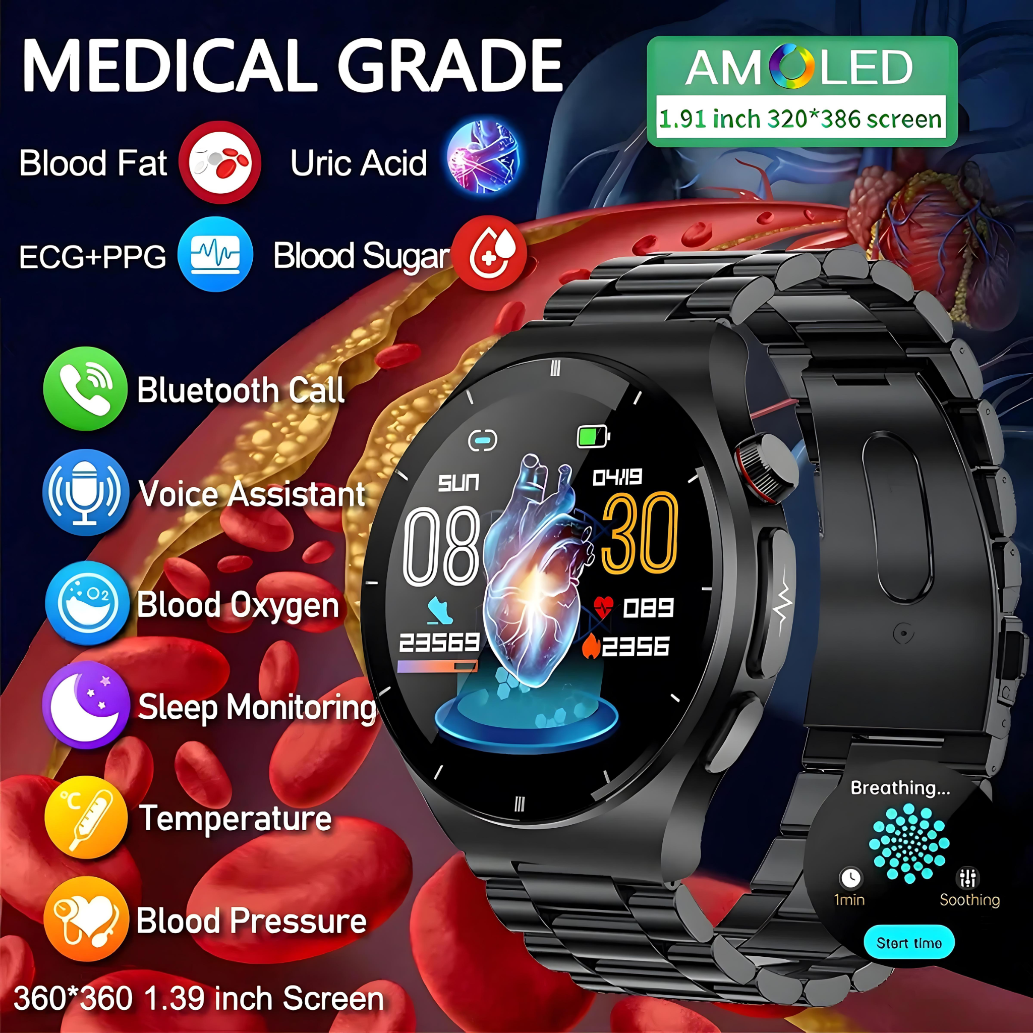 Gymbodiez© - 2025 New Laser Treatment Smart Watch - Blood Sugar - Lipid and Uric Acid Medical Grade ECG+PPG Health Monitoring