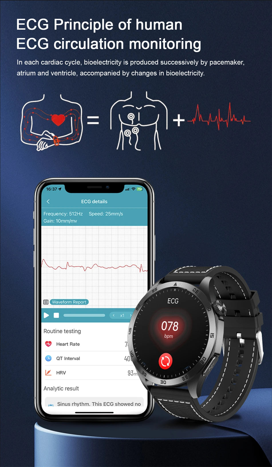 Gymbodiez© - GZ221 Micro Health Check ECG Blood Oxygen All Day Sleep Monitor Blood Pressure Amoled Screen